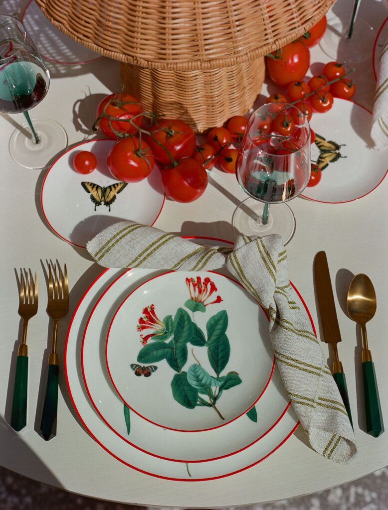 Olive Stripe Napkin with custom Curated Events Dragonfly Garden collection