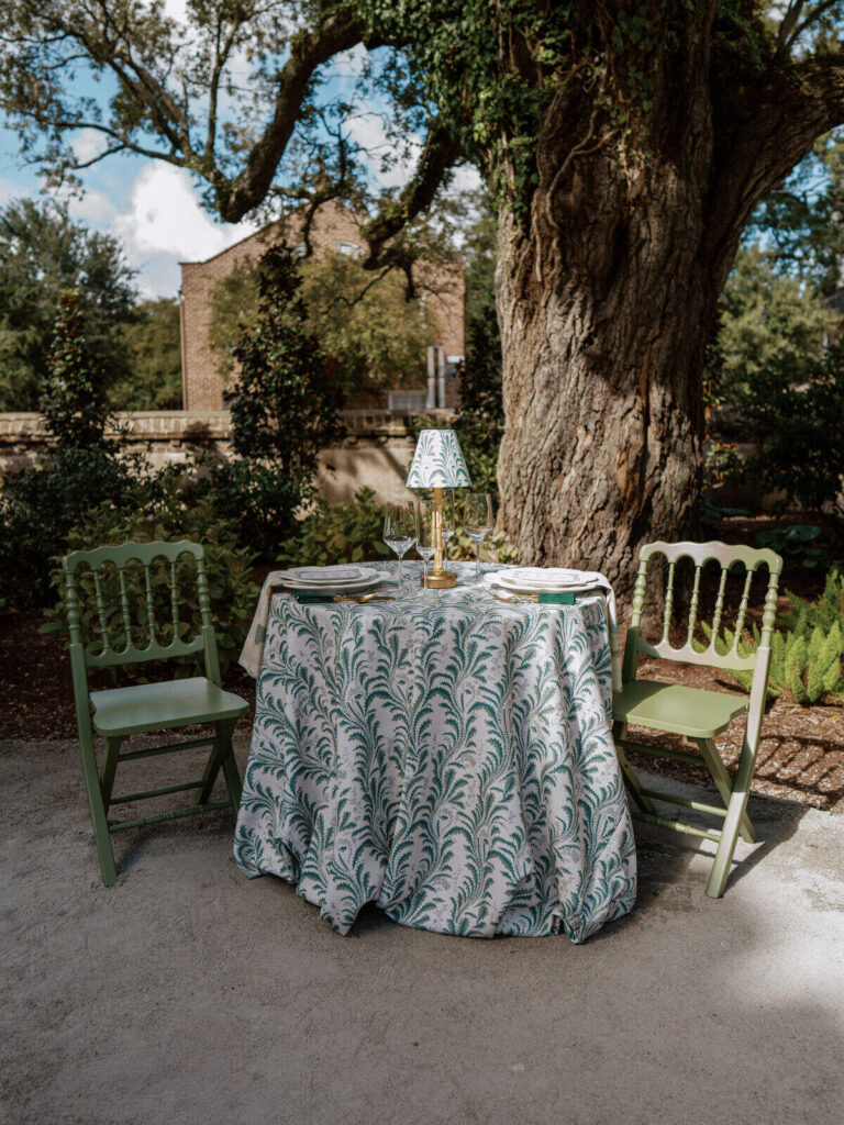 - Curated Linen Collection Outdoor event table with breathable linen fabric and natural styling