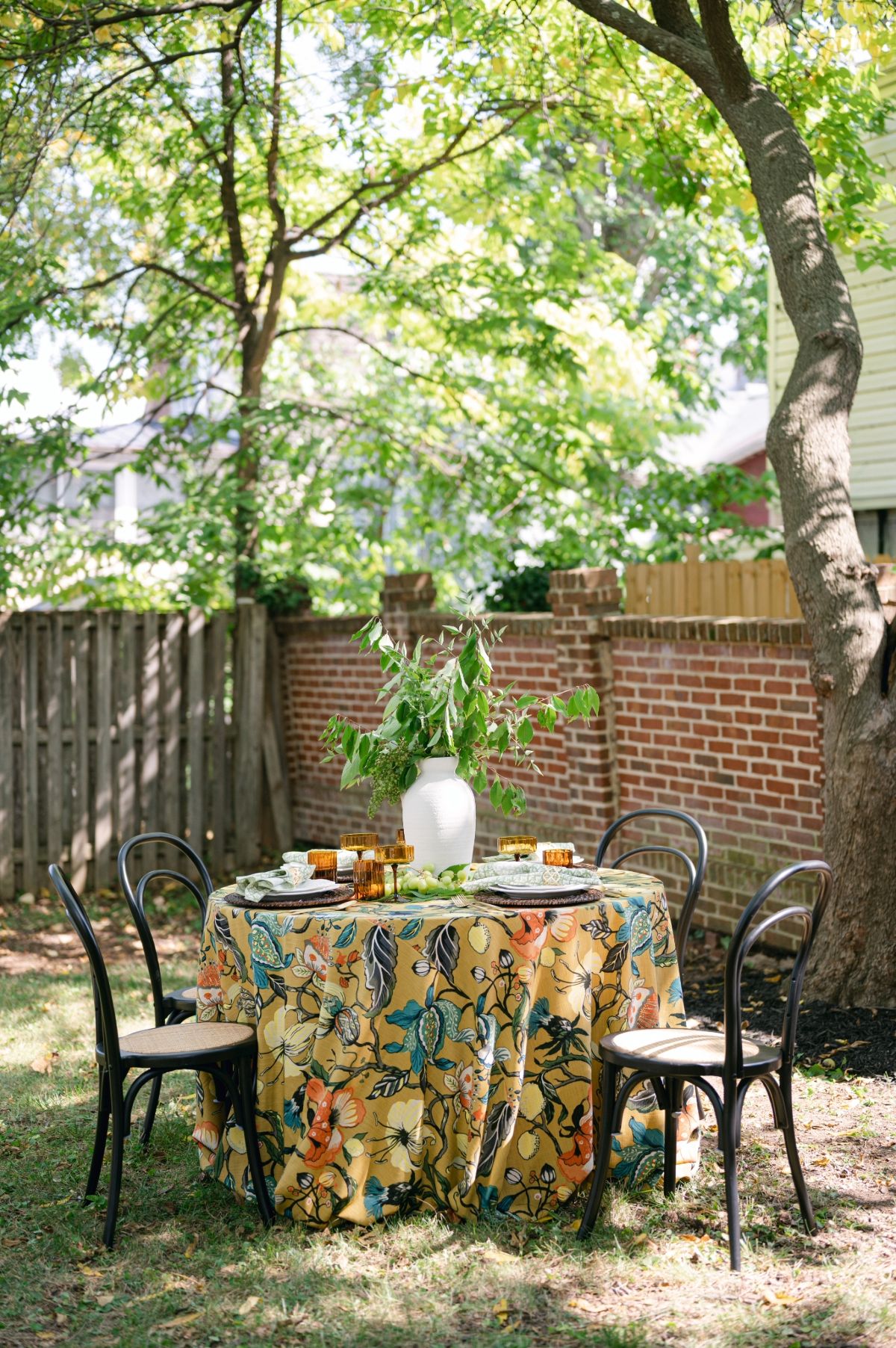 a floral table top in an outdoor setting