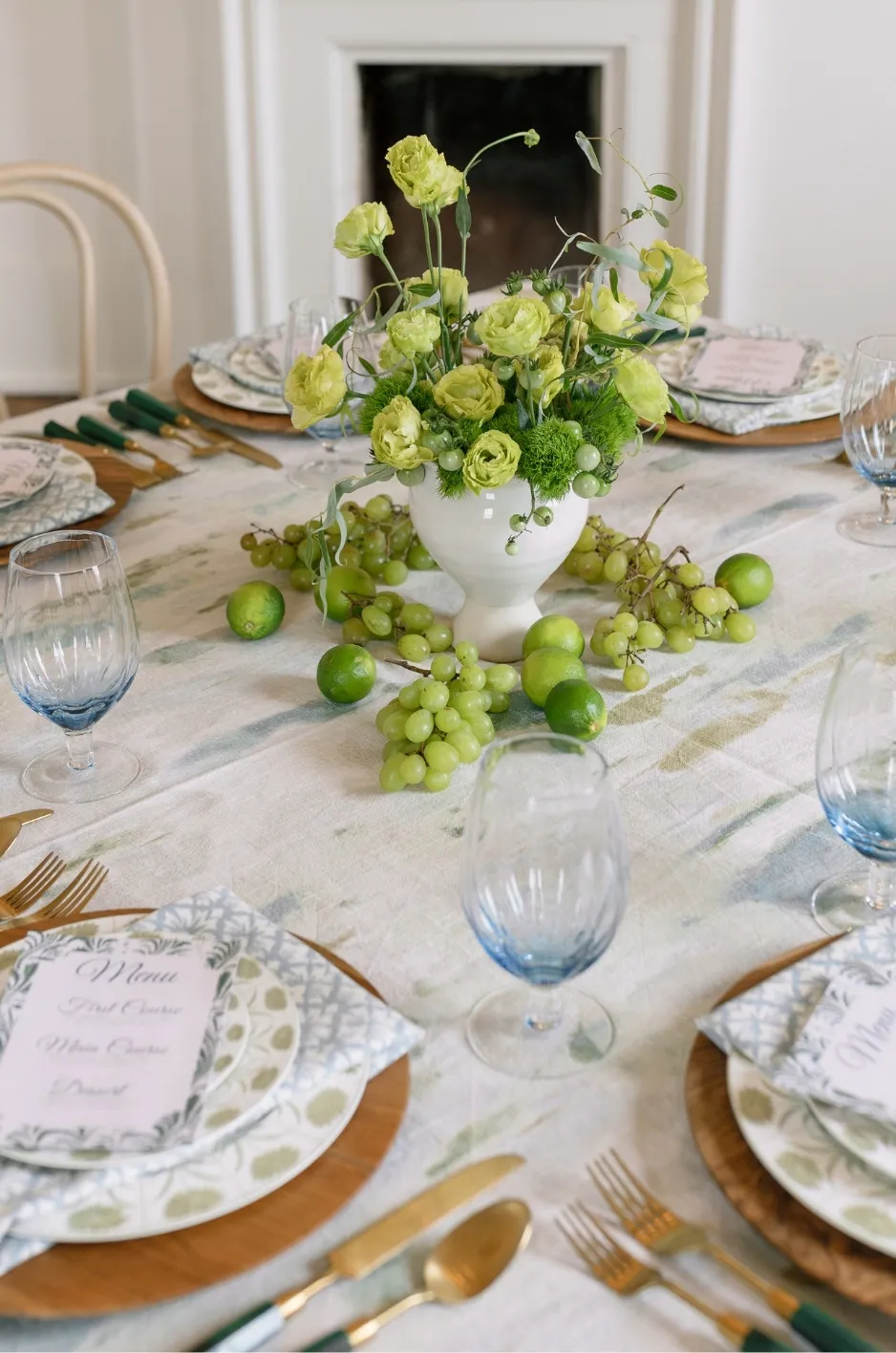 Neutral patterned linen with green florals and blue goblets - Curated Linen Collection Neutral patterned linen with green florals and blue goblets